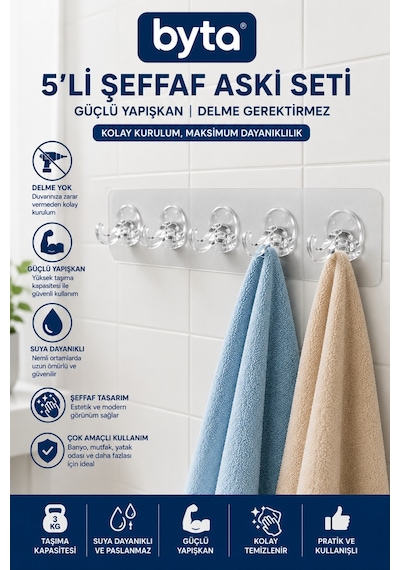 5'li Şeffaf Kendinden Yapışkanlı Duvar Askısı Delmeden Montaj Güçlü Yapışkanlı Banyo Mutfak Havlu Askılığı Şeffaf
