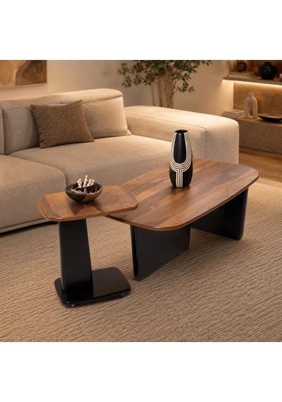 Ganni Home Toscana 2 Li Orta Ve Zigon Sehpa Seti Ceviz Siyah, Modern Asimetrik Tasarım
