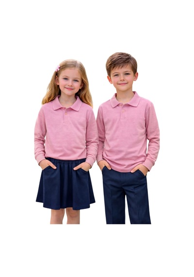 Erdem Kıds Unisex Kız Erkek Çocuk Polo Yaka Pamuklu Uzun Kol Pudra-toz Pembe Günlük Basic Okul Tişört Pembe Pembe