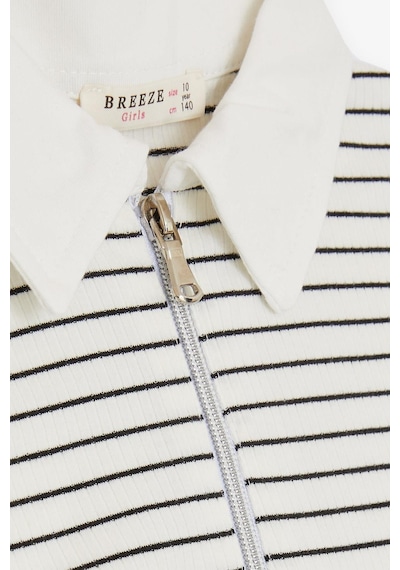 Breeze Kız Çocuk Crop Tişört Fermuarlı Çizgili 9-14 Yaş, Ekru-ekru Ekru