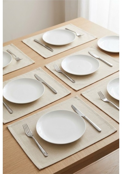 Ekru Tabak Altlığı 6'lı Amerikan Servis Seti 35x45 Cm Dikdörtgen Kumaş Supla Yemek Odası Çeyizlik