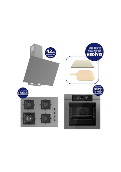 Ferre Pizzart & Fryart QEP65CPR+SC408-WFA+D079-SA - 65 CM OCAK Ankastre Set Gri