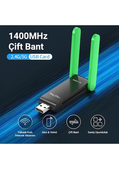 Veggieg 1400 Mbps 2.4ghz/5ghz Dual Band Gigabit Alıcı Verici Usb Wifi Adaptör