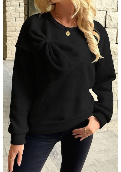 Caddekombin Kadın Büyük Kurdele Detaylı Bisiklet Yaka İçi Yünlü Siyah Sweatshirt Siyah