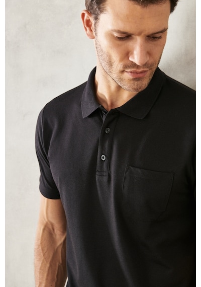 Ac&Co / Altınyıldız Classics Erkek Koyu Siyah Polo Yaka Cepli Regular Fit Bol Kesim Düz Tişört 4A4820200004SssxXL Siyah