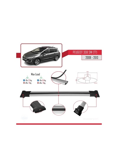 Peugeot 308 Sw T7 2008-2013 Arası İle Uyumlu Fly Model Ara Atkı Tavan Barı Gri 3 Adet Bar