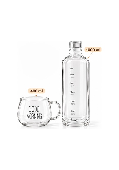 Porsima Motivasyon Saat Çizgili Cam Başucu Sürahisi Ve Good Morning Yazılı Borosilikat Kupa Seti 1000 Ml Sürahi + 400 Ml Kupa