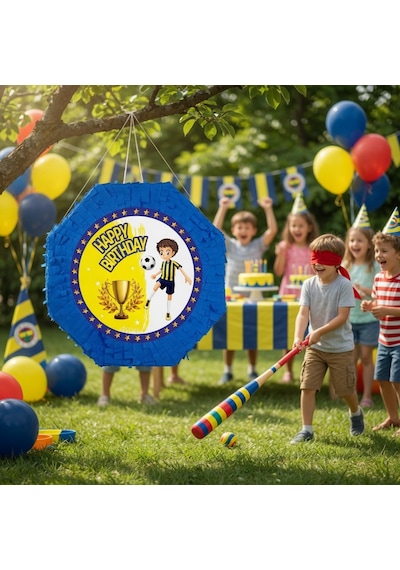 Pinyata Sarı Lacivert Sopalı 42 Cm Doğum Günü Parti Oyunu Seti Çok Renkli