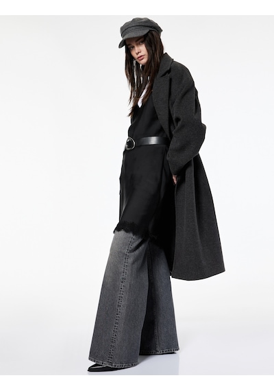 Koton Koton X Şahika Ercümen - Oversize Kaban Kaşe Uzun Düğmeli Cepli Kruvaze Antrasit 6wak00394ew Antrasit