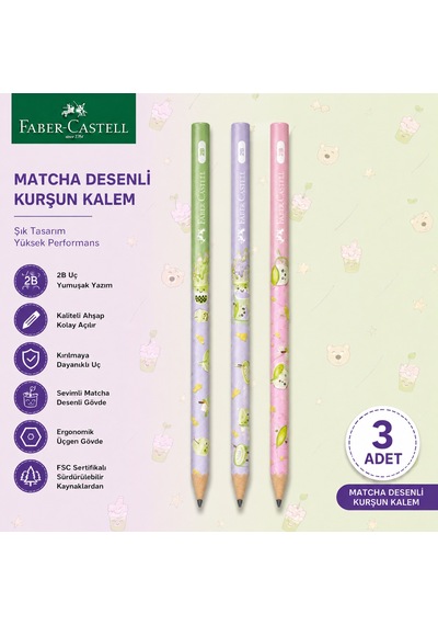 Faber-castell Matcha Desenli Kurşun Kalem 3 Adet 2b Yuvarlak Gövde Yeşil