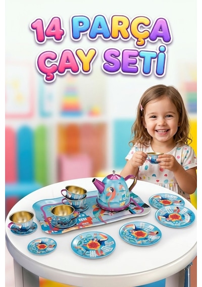 Metal 14 Parça Renkli Desenli Çantalı Eğitici Evcilik Oyuncak Çay Fincan Seti