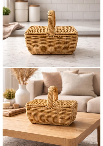 Dikdörtgen Hasır Rattan Mini Kulplu Organizer Sepet,ekmeklik Diğer