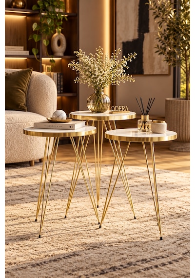 Odera Gold Beyaz Yuvarlak Zigon Sehpa 3'lü Set Gold Tel Metal Ayaklı Retro Salon Sehpası Diğer