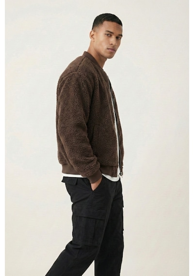 Genius Store Erkek Mont Peluş İçi Astarlı Oversize Geniş Kalıp Sherpa Kuzu Kumaş Spor Mont Kahverengi