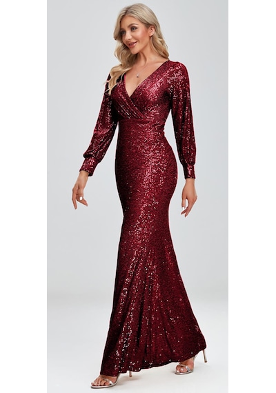 Hanife Glam Couture Hanife Glam Uzun Kollu Kruvaze Yaka Pullu Abiye Elbise Bordo