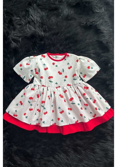 Kiraz Desenli Poplin Kız Çocuk Bebek Elbise 001