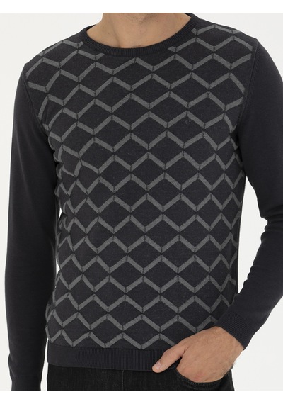 Cacharel Antrasit Slim Fit %100 Pamuk Bisiklet Yaka Triko Kazak Gri