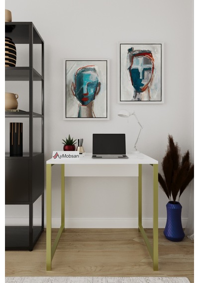 Selin Metal Ayaklı Çalışma Masası Beyaz Suntalam, Gold Ayak, Modern Ofis & Ev Masası Altın - Beyaz