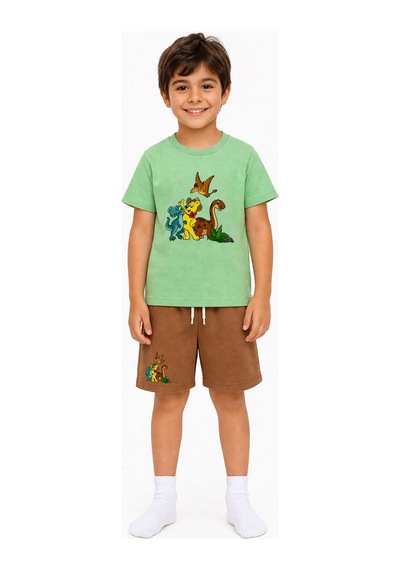 Haribo Lisanslı Dinozor Baskılı T-shirt Şort Takım Yeşil