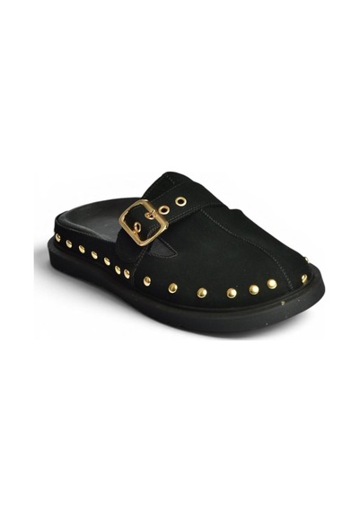 Fox Shoes Y918143802 Siyah Süet Önü Kapalı Zımba Detaylı Sabo Terlik