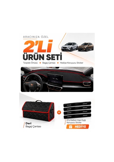 E-biz Cupra Formentor 2020-2026 Uyumlu Torpido Örtüsü + Deri Bagaj Çantası - Siyah-kırmızı - Se011
