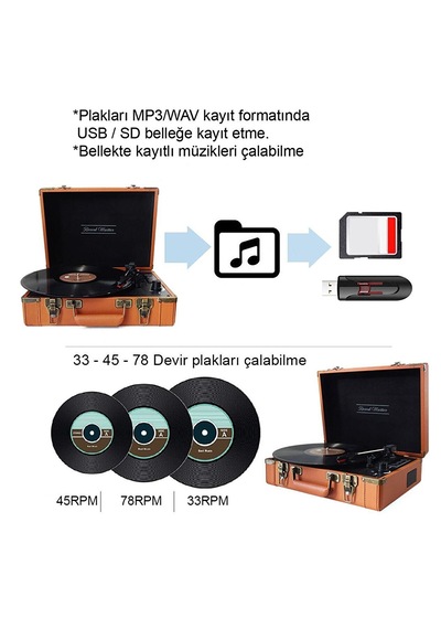 Record Master T317UB Bluetooth Şarj Edilebilir Retro Pikap Kahverengi