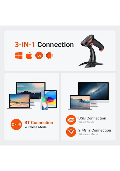 Tera Hw0002 Kablosuz Barkod Okuyucu, 1d/2d/qr Kod Tarayıcı, Bluetooth/2.4g/usb 3'ü 1 Arada, Titreşim Uyarılı &amp