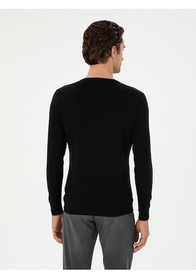 Cacharel Siyah Slim Fit Kaşmir İpek Karışımlı Bisiklet Yaka Triko Kazak