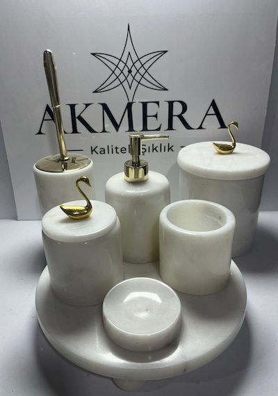 Mermer Top Ayaklı Standlı 7 Parça Lüks Banyo Seti Beyaz - Krom