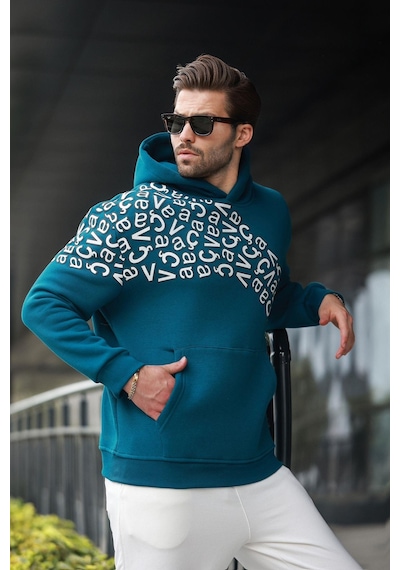 Madmext Petrol Yeşili Baskılı Kapüşonlu Erkek Sweatshirt E7160 Petrol Mavi