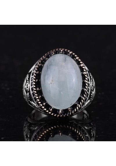 Gerçek Doğal Taş Yüzük - El Yapımı Şahin Yüzük - 925 Ayar Gümüş Yüzük Aquamarine Gümüş