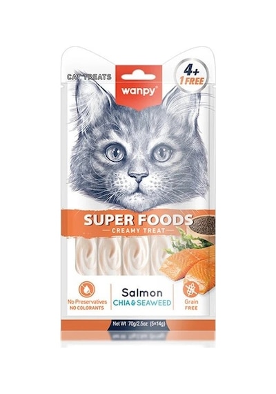 Wanpy Superfood Somonlu, Chia & Deniz Yosunlu Sıvı Kedi Ödül Maması 5x14 Gr