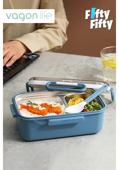 Vagonlife Tek Kat Çift Bölme Bento Lunch Box Ofis-Okul Için Yeni Nesil Sefer Tası Paslanmaz Çelik 588 001