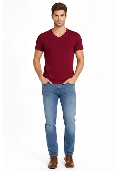 Modi Erkek T-shirt V Yaka Slim Fit Dar Kesim Likralı Tişört Günlük Basic Body - Bordo Açık Bordo