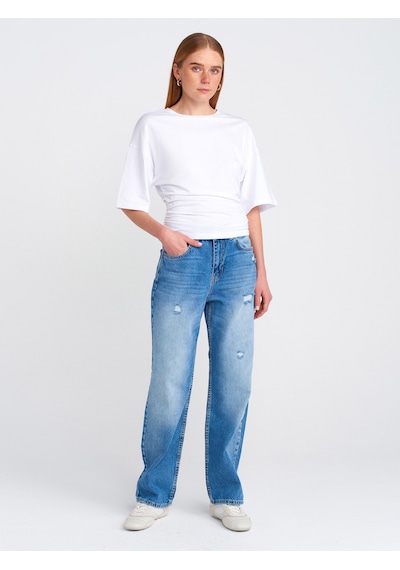 Dilvin 71781 Küçük Yırtıklı Denim Mom Mavi