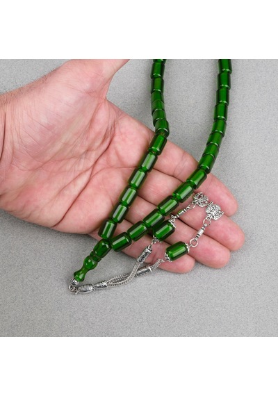 Ateş Kehribar Alpaka Püsküllü Kapsül Kesim 9x12mm Tesbih - Şeffaf Yeşil