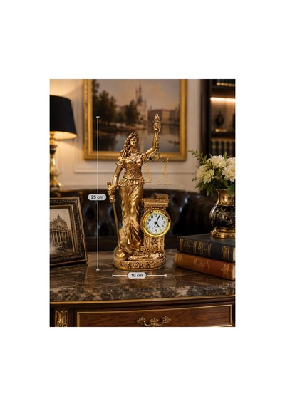 Hukuk Bürosu Masaüstü Lüks Polyester Themis Terazili Adalet Tanrıçası Heykeli Saatli Biblo Gold 25cm Çok Renkli