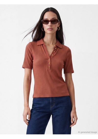 Lcw Everyday Kahverengi Polo Yaka Kadın Fitilli Tişört Lcw Everyday Kahverengi Polo Yaka Kadın Fitilli Tişört