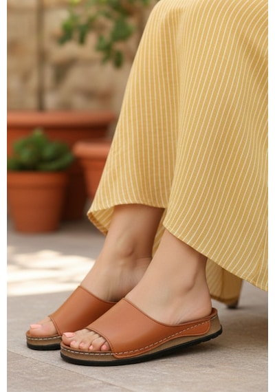 Napa Shoes Hakiki Deri Lazer Kesim Delikli Rahat Taban Kadın Terlik Napa-309 Taba