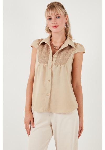 Lela Dantel Detaylı Kısa Kollu Regular Fit Bayan Gömlek 611Go0215 Taş