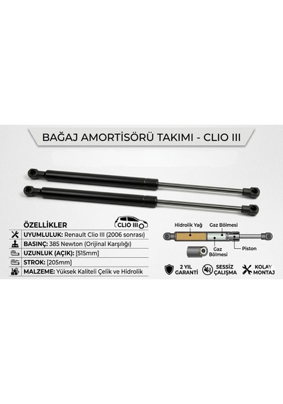 Renault Clio 3 Bagaj Amortisörü Takımı 2 Adet - 2006-2012 Arası Tüm Modeller - 385 Newton Siyah