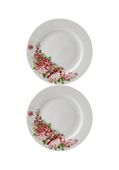 2 Li Porselen Servis Tabak Pasta Tabağı 25,5cm Çiçekli Beyaz