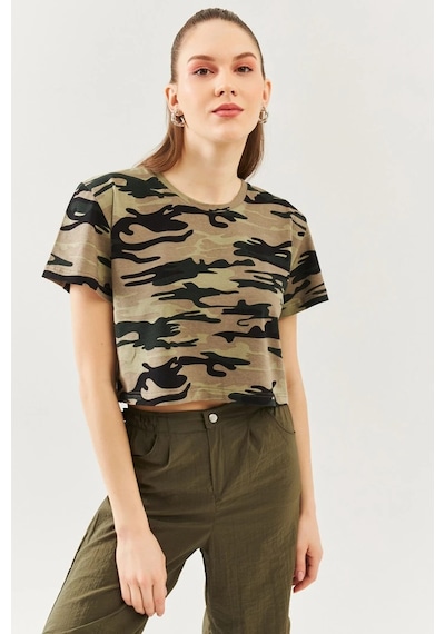 Kadın Oversize Rahat %100 Pamuklu Penye Bisiklet Yaka Kısa Kol Basic Crop T-shirt Kamuflaj