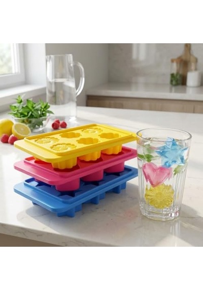 Tr Plastik 6 Bölmeli 3 Desenli Buz Kalıbı Seti, Yıldız-kalp-çiçek Desenli Buz Kalıbı 3 Set 13cm 8cm 3cm Eğle Genel