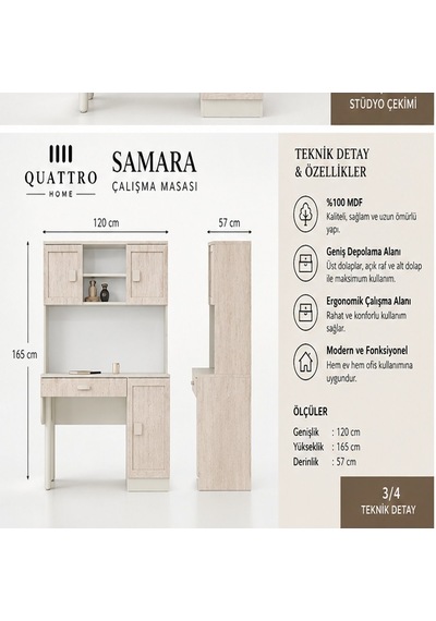 Samara Kitaplıklı Çalışma Masası Meşe - Beyaz