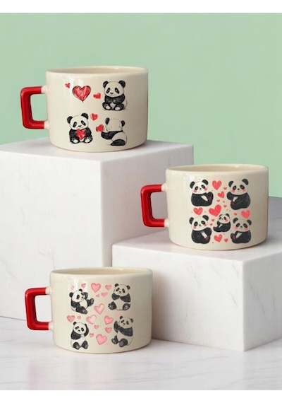 Kalp Ve Panda Baskılı 3'lü Seramik Kupa Bardak Beyaz