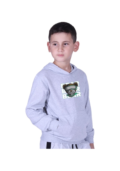 Fyk Kids Kapüşonlu Kanguru Cepli Bear Baskılı Erkek Çocuk Sweatshirt Gri