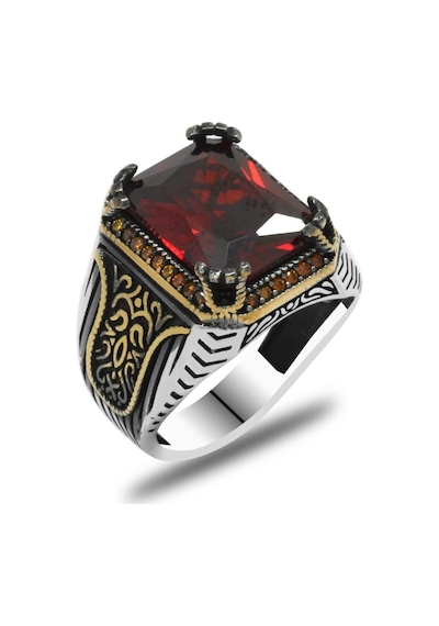 Baget Kesim Kırmızı Zirkon Taşlı Yanları Gotik Süslemeli 925 Ayar (537174758)