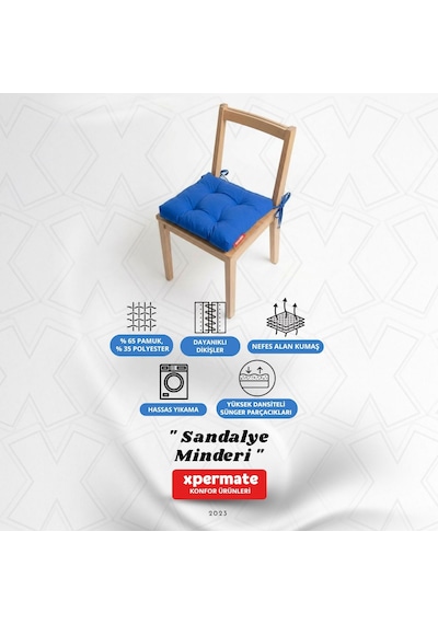 Pofuduk Sandalye Minderi Bağcıklı 40x40 Cm Yıkanabilir Dekoratif Mutfak Bahçe Piknik Minderi Mavi