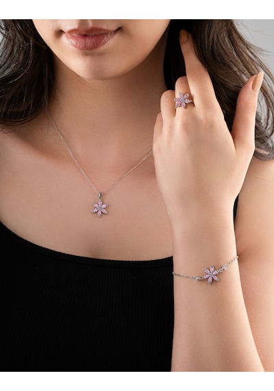 925 Ayar Pembe Taşlı Rodyum Lotus Çiçeği 3'lü Gümüş Set Gümüş
